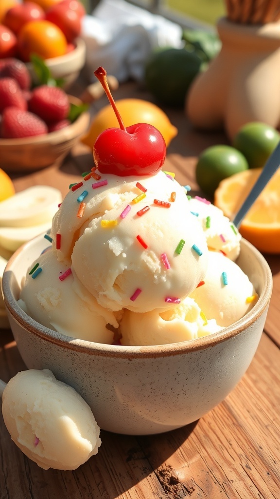 Homemade Ice Cream Recipe A bowl of vanilla ice cream topped with sprinkles and a cherry, set outdoors on a sunny day.